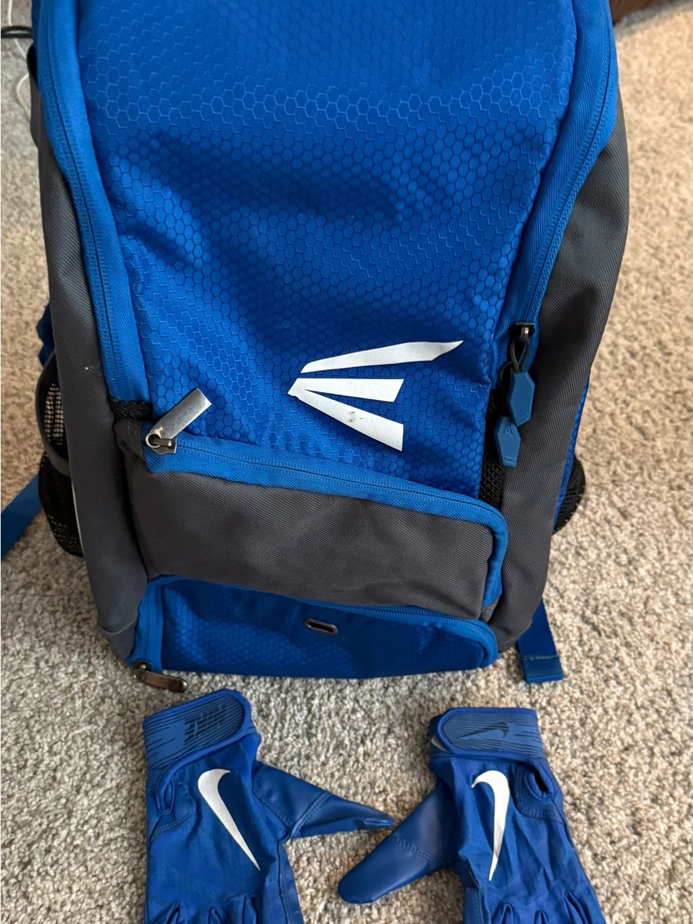 Easton Blue and Gray Kids Backpack with Matching Blue Gloves